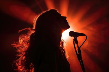 A female singer illuminated by red stage lights, singing passionately.