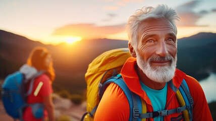 Portrait happy elder man tourists hiker with backpacks walks in mountains at sunset. Concept banner elderly adventure.