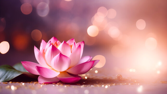 Pink water lily or lotus flower with bokeh background with copyspace. Concept Vesak day Buddhist lent, Buddha birthday