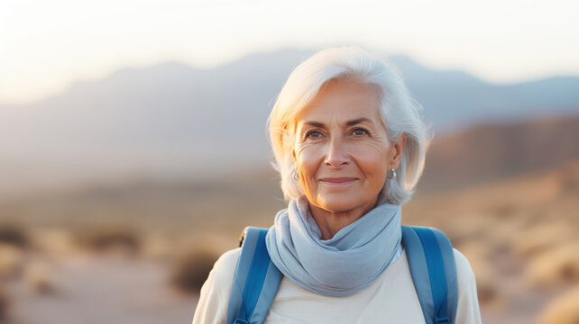 Portrait happy elder woman tourists hiker with backpacks walks in mountains at sunset. Concept banner elderly adventure.