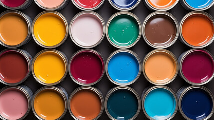 Flat lay open cans of color paint, top view.