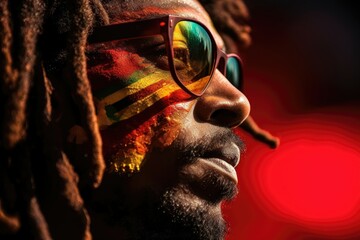 Profile of a man with dreadlocks and sunglasses reflecting vibrant colors.