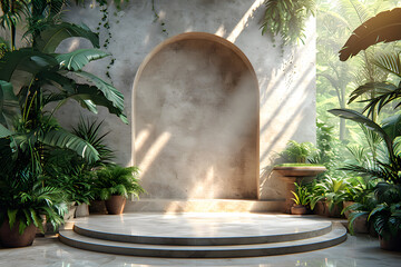 Marble Podium Circular tropical natural leafs plants, cosmetic product placement pedestal present promotional stand showcase scene for product presentation
