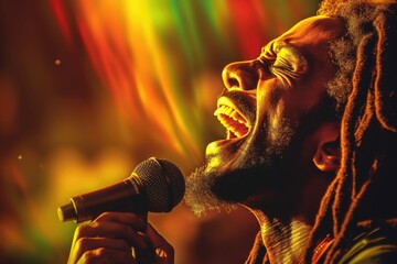 Singer with dreadlocks exuding emotion against a rainbow light.