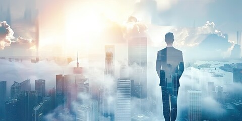 Corporate visionary. Double exposure of businessman gazing into urban horizon reflecting success innovation and future leadership. Ideal for capturing essence of modern executive thinking
