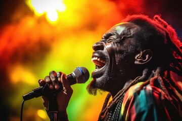 Performer passionately singing into a microphone with a colorful backdrop.