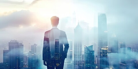 Corporate visionary. Double exposure of businessman gazing into urban horizon reflecting success innovation and future leadership. Ideal for capturing essence of modern executive thinking