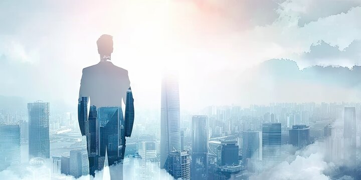 Corporate visionary. Double exposure of businessman gazing into urban horizon reflecting success innovation and future leadership. Ideal for capturing essence of modern executive thinking