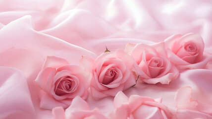 Pink roses and pink rose petals on soft silk.