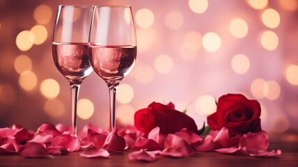 Fototapeta na wymiar Two glasses of vine with pink rose petals with bokeh background.