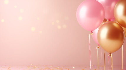 Shiny pink and golden glitter balloons on light pink soft pastel background.