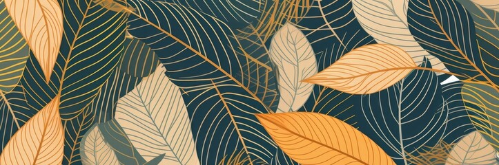 Abstract foliage line art  background. Leaf wallpaper of tropical leaves, leaf branch, plants in hand drawn pattern. Botanical jungle illustrated for banner, prints, decoration, Generative AI