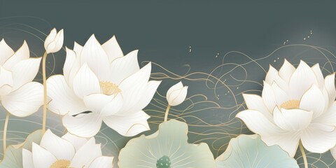 Luxury oriental flower background . Elegant white lotus flowers golden line art, leaves, gradient color. Japanese and Chinese illustration Design for decor, wallpaper, poster, banner, Generative AI