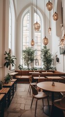 Fototapeta na wymiar Elegant European-style indoor cafe with large windows
