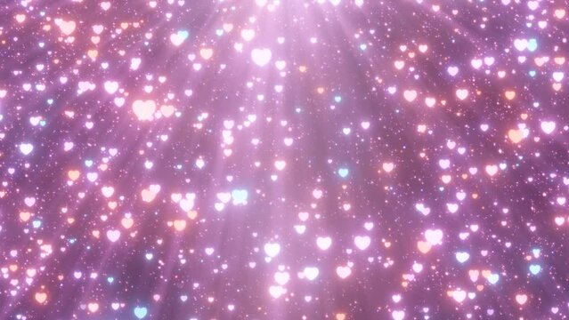 Beautiful Pink Hearts And Shimmering Light Ray Sparkles Raining Down - 4K Seamless VJ Loop Motion Background Animation