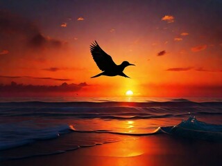Fototapeta na wymiar Silhouetted Bird Flying over Ocean at Sunset