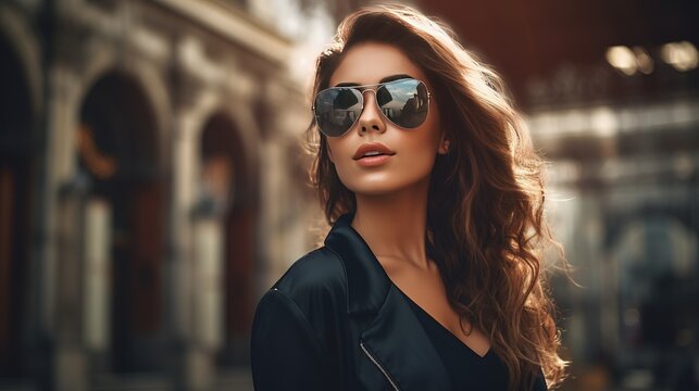 Create a captivating portrait of a young woman in sunglasses, radiating beauty and poise against the backdrop of an atmospheric street