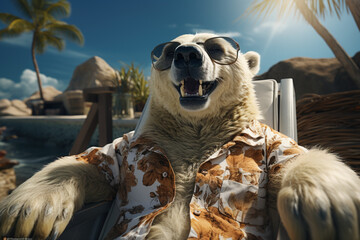  Portrait of relaxed, funny polar bear in sun classes, enjoying sunbathing at seaside resort, chilling and lounging on beach. Vacation rest in hot country beach concept. - obrazy, fototapety, plakaty