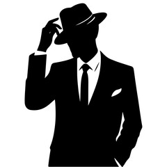 a minimalist business man with hat, one hand on the head, stylish pose, vector silhouette, black color silhouette