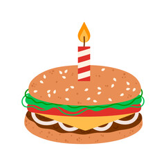 Burger vector icon. Sesame bun stuffed with meat, vegetables, cheese. Birthday hamburger with burning candle. American fast food, junk snack. Festive cheeseburger isolated on white. Hand drawn clipart
