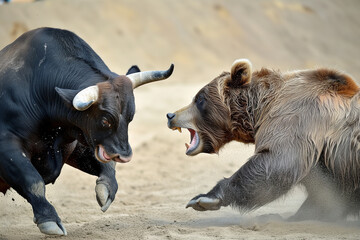 A bull versus a bear as business financial stock market concept warm tone background.
