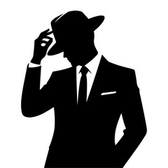 a minimalist business man with hat, one hand on the head, stylish pose, vector silhouette, black color silhouette