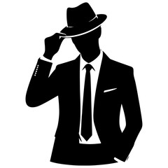 a minimalist business man with hat, one hand on the head, stylish pose, vector silhouette, black color silhouette
