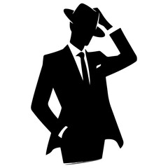 a minimalist business man with hat, one hand on the head, stylish pose, vector silhouette, black color silhouette