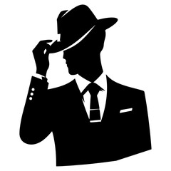a minimalist business man with hat, one hand on the head, stylish pose, vector silhouette, black color silhouette
