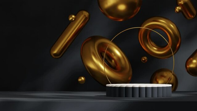 3d footage render blank mockup of white black cylinder podium seamless loop shadow animation with gold shape background
