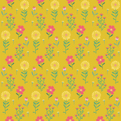 Floral Seamless Pattern of Flowers in Pink and Yellow on Old Gold Color Backdrop. Wallpaper Design for Textiles, Fabrics, Decorations, Papers Prints, Fashion Backgrounds, Wrappings Packaging.