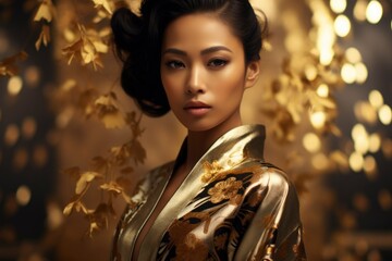 Asian women wear luxurious gold nightgowns with floral embroidery motifs - obrazy, fototapety, plakaty