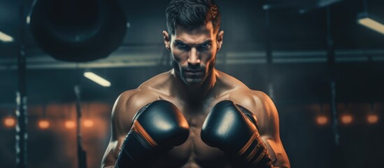 Fototapeta na wymiar Man engages in martial arts and fitness, practicing kickboxing, MMA, and battling in the gym. He is a powerful athlete, exercising and training with gloves as a strong boxer in the club.