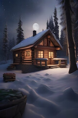 Fototapeta premium Wooden house in the winter forest at night with full moon.