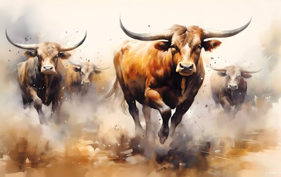 Artistic image of a herd of bulls. collection of canvas art animal paintings, in watercolor style. generative ai