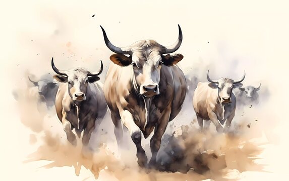 Artistic image of a herd of bulls. collection of canvas art animal paintings, in watercolor style. generative ai