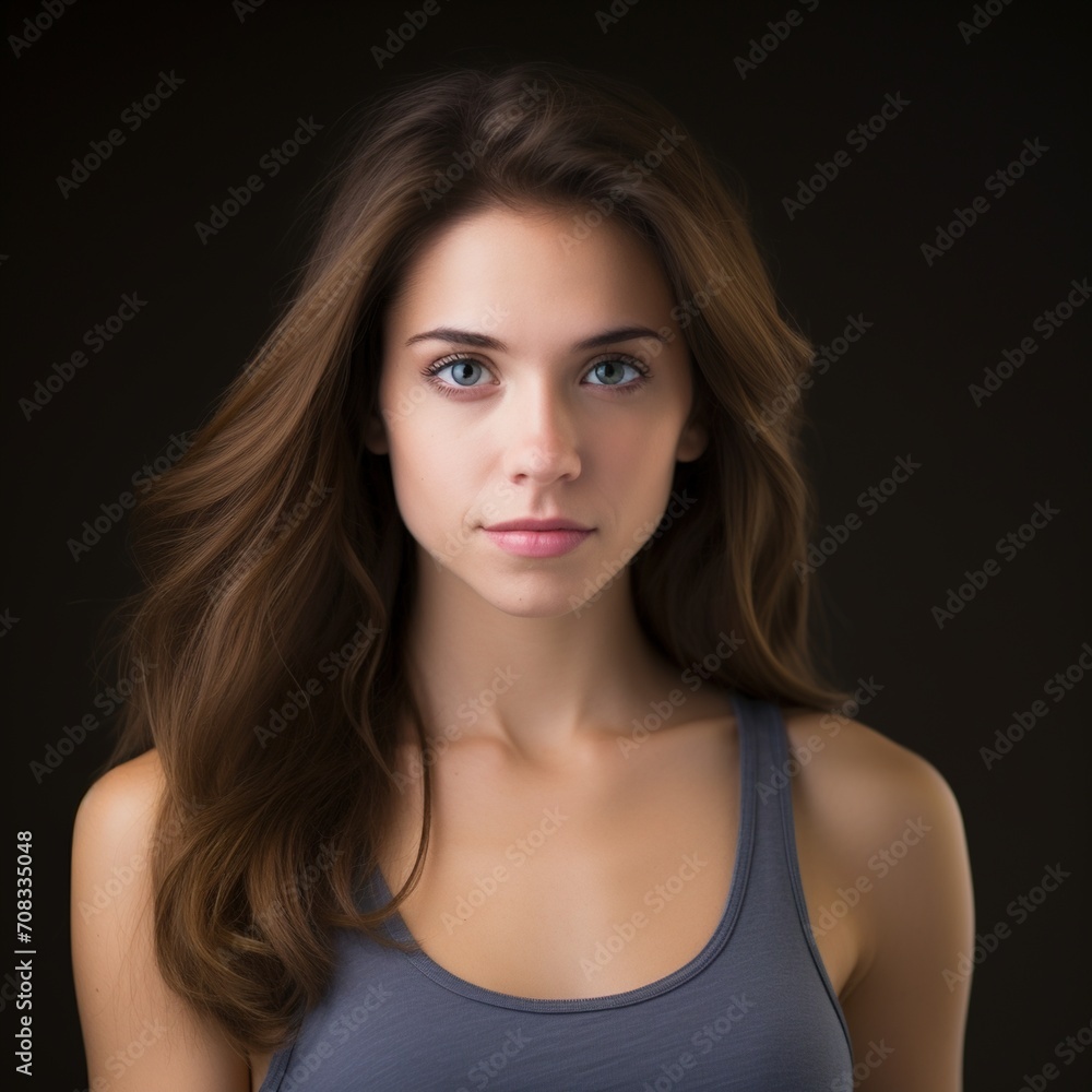 Poster portrait of a young woman with long brown hair and blue eyes