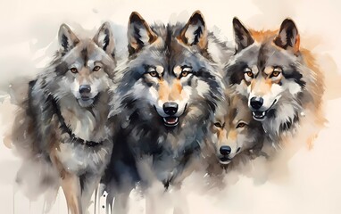 Artistic image of a wolf pack. collection of canvas art animal paintings, in watercolor style. generative ai - obrazy, fototapety, plakaty