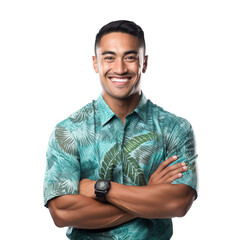 Front view of an extremely handsome polynesian male model dressed as an Speech Therapist smiling with arms folded, isolated on a white transparent background. - obrazy, fototapety, plakaty