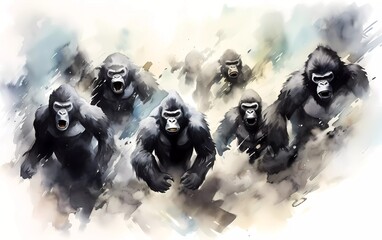 Artistic image of a herd of gorillas. collection of canvas art animal paintings, in watercolor style. generative ai - obrazy, fototapety, plakaty