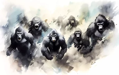 Fotobehang Artistic image of a herd of gorillas. collection of canvas art animal paintings, in watercolor style. generative ai © KBL Sungkid