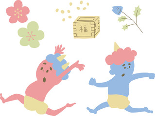 節分で逃げる鬼と節分に関するイラスト