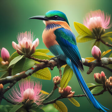 Turquoise-browed motmot bird (Eumomota superciliosa) perched on a tree branch.