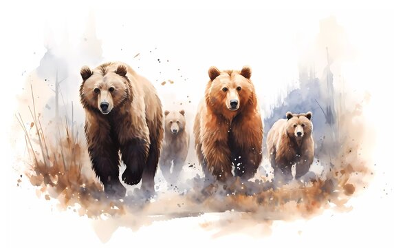 Artistic image of a herd of bears. collection of canvas art animal paintings, in watercolor style. generative ai