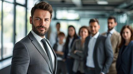 Cheerful businessman standing with arms folded in front of colleagues