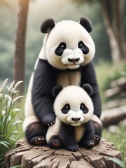beautiful panda with a baby panda happy together in chinese park realistic 