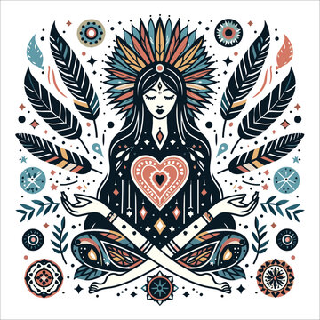 Boho sacred heart reiki magic woman mystical symbol flat holistic healing meditation new age concepta