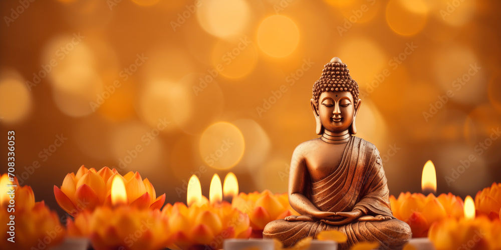 Wall mural buddha statue meditate with golden aura on yellow lotus background with light bokeh. banner vesak da