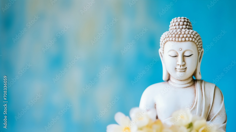 Wall mural buddha statue meditate on harmony background with light bokeh. banner vesak day