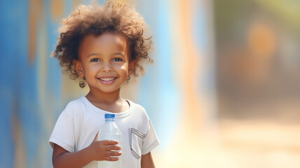 Concept for solving drinking water problems in Africa, need for pump. Smile african child holding plastic water bottle, happy childhood.